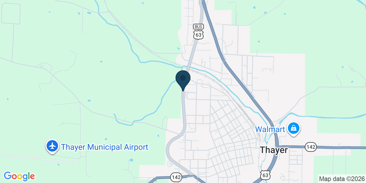 Map showing Thayer, Oregon County, MO