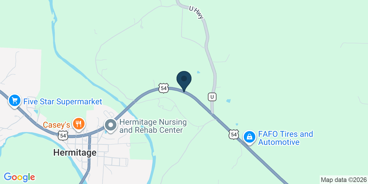 Map showing Hermitage, Hickory County, MO