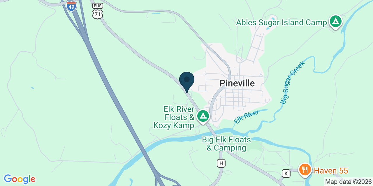 Map showing Pineville, Mcdonald County, MO