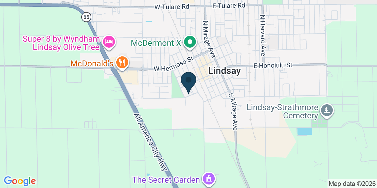 Map showing Lindsay, Tulare County, CA