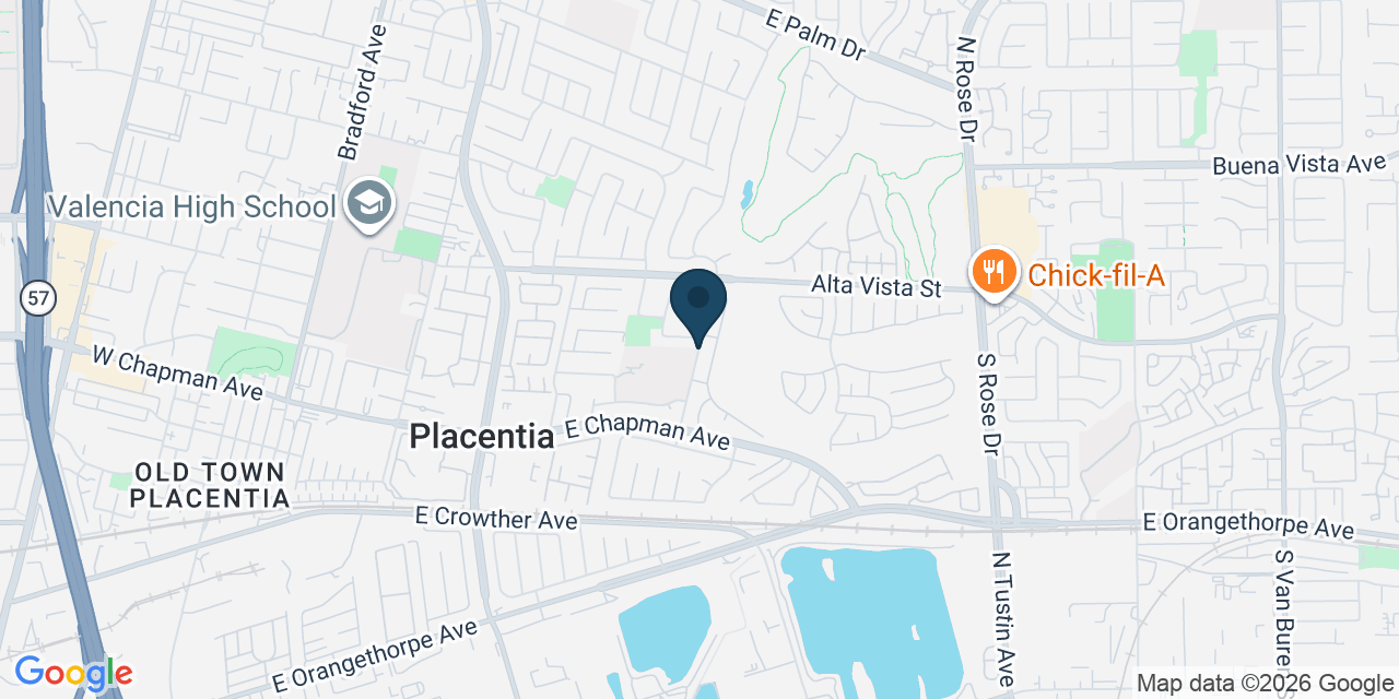 Map showing Placentia, Orange County, CA
