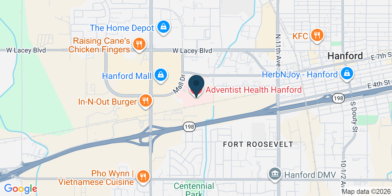 Map showing Hanford, Kings County, CA