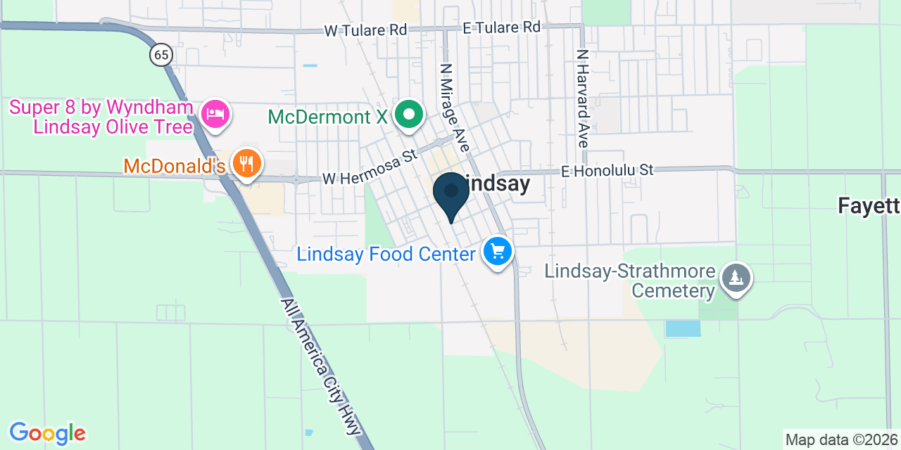Map showing Lindsay, Tulare County, CA
