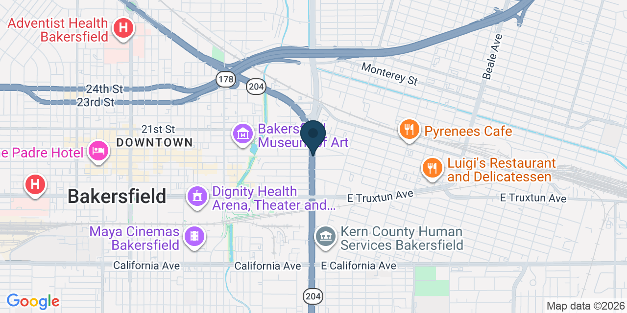 Map showing Bakersfield, Kern County, CA