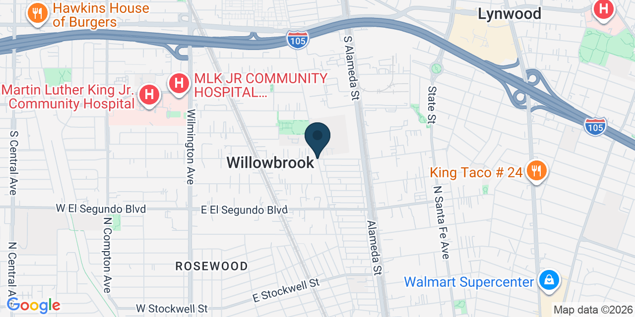 Map showing Willowbrook, Los Angeles County, CA