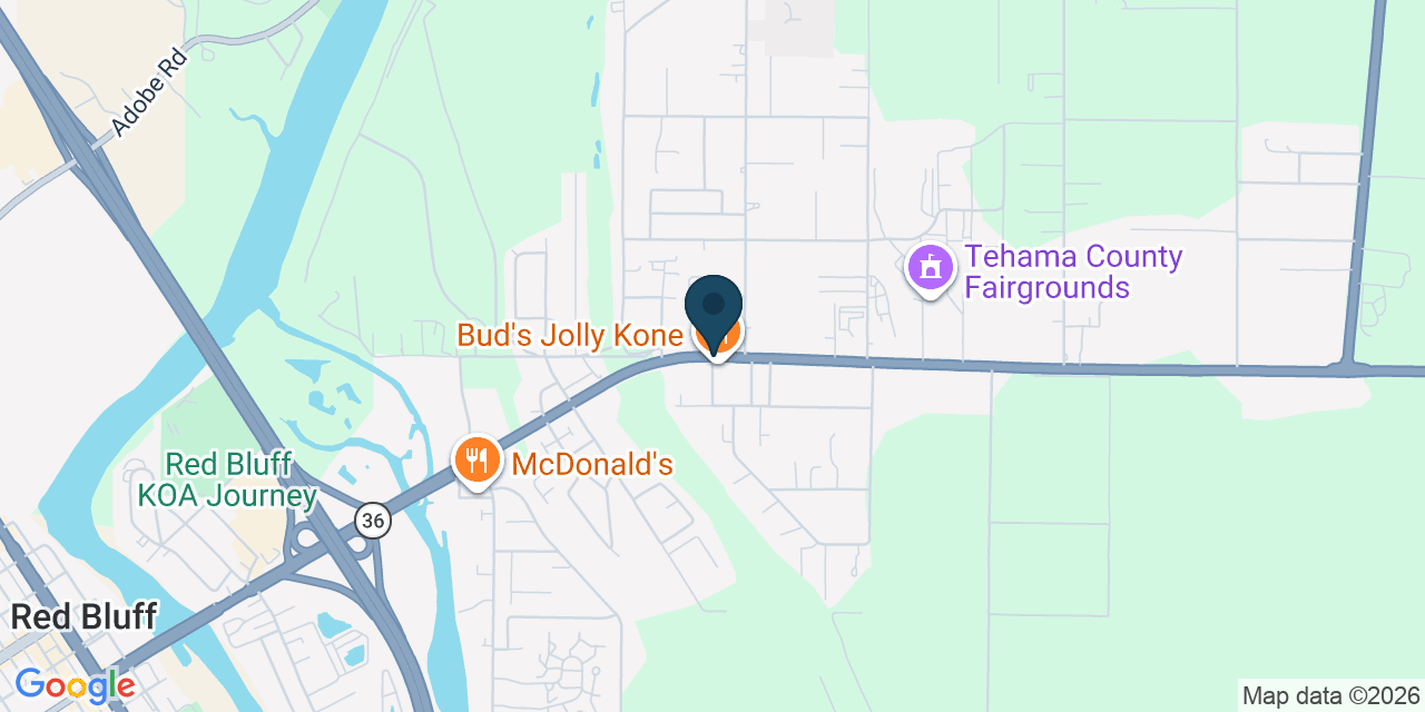 Map showing Red Bluff, Tehama County, CA