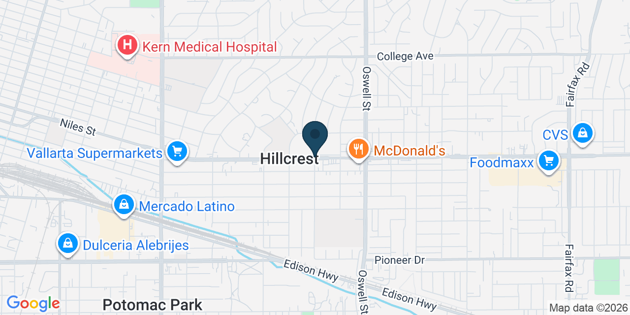 Map showing Hillcrest, Kern County, CA