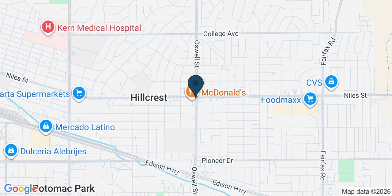 Map showing Hillcrest, Kern County, CA