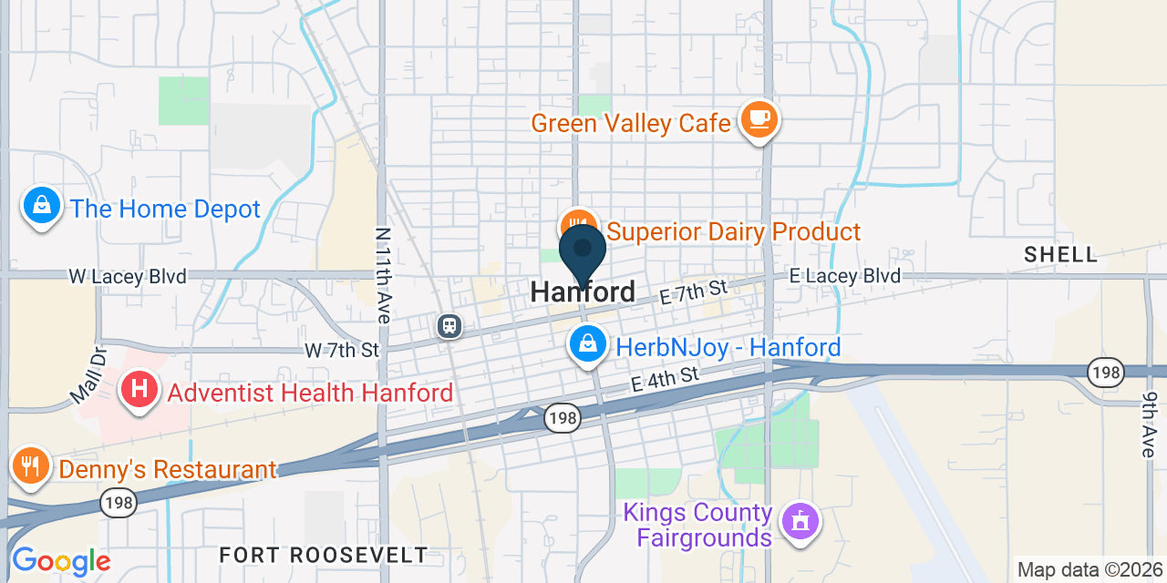 Map showing Hanford, Kings County, CA