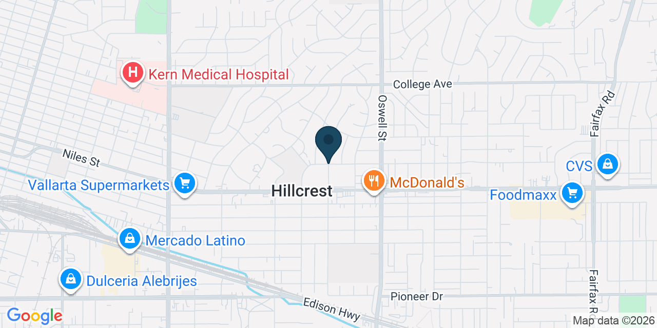 Map showing Hillcrest, Kern County, CA