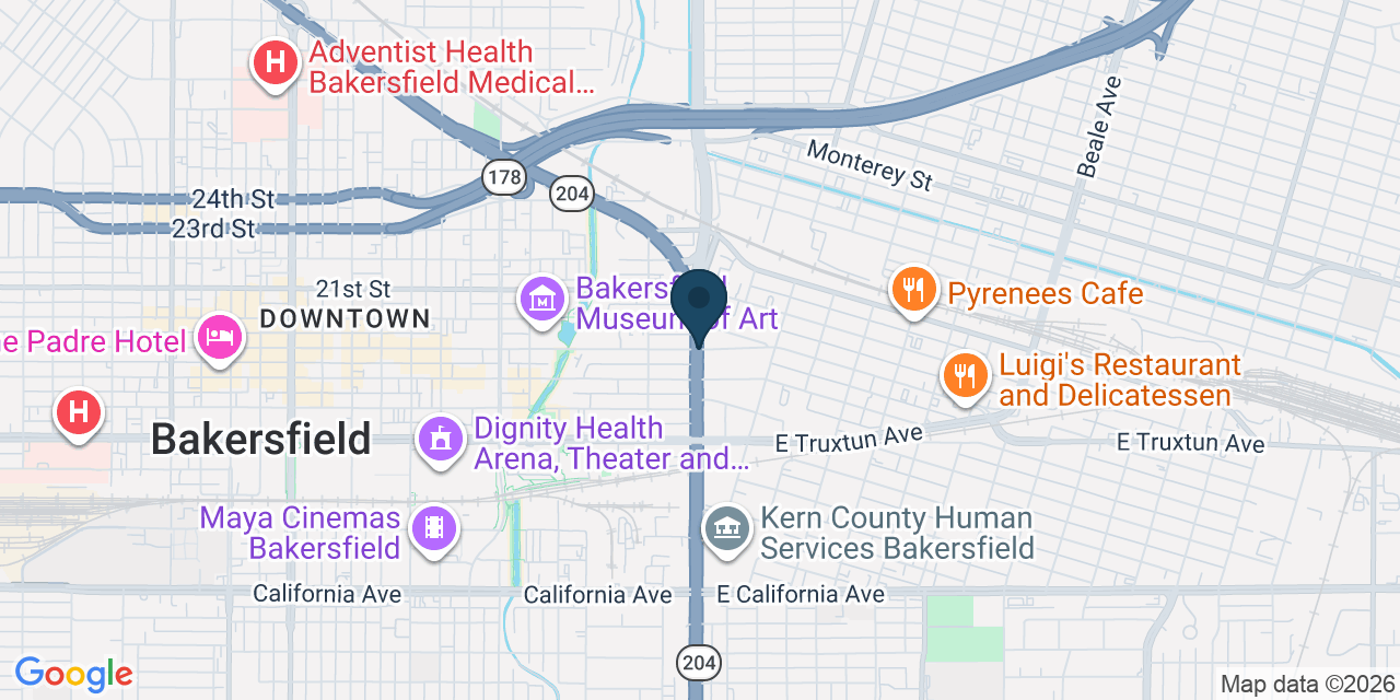 Map showing Bakersfield, Kern County, CA