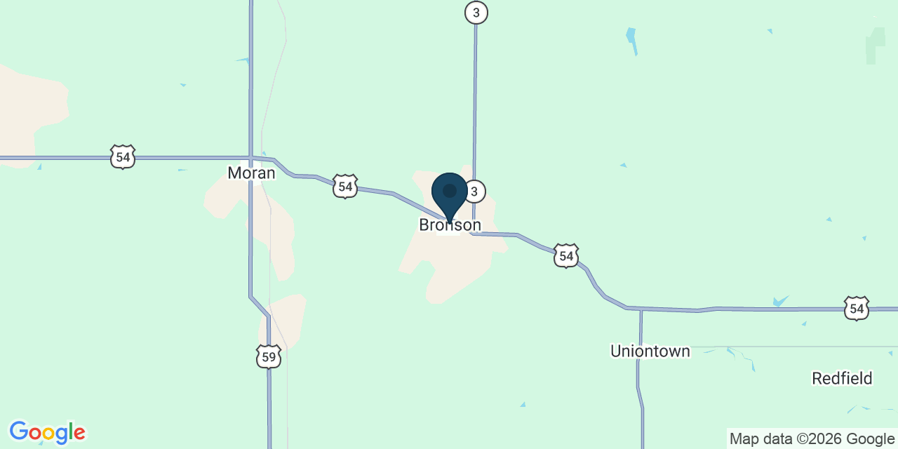 Map showing Bronson, Bourbon County, KS